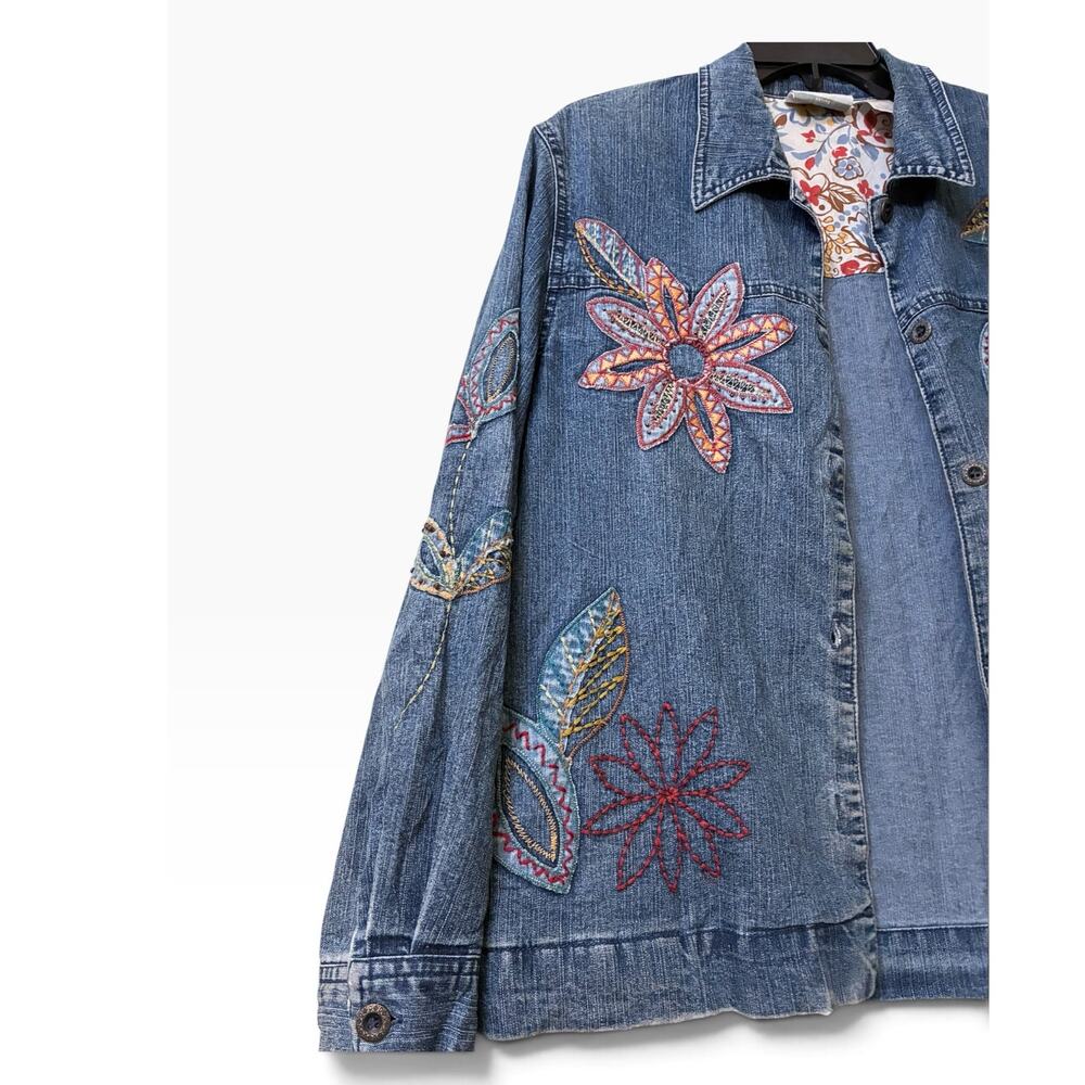 Vintage Alfred Dunner Embroidered Floral Denim Jacket Boho Y2K 12P Petite - Picture 3 of 8